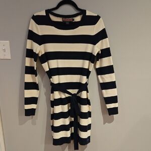 Vineyard Vines Navy and Cream Striped Long-Sleeve Belted Dress